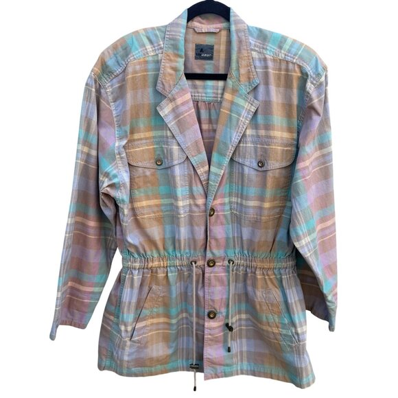 Lizwear Vintage 80s Pastel Plaid Womens Elastic Drawstring Waist Retro Jacket L - Picture 1 of 11